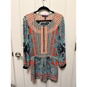 BCBGMAXAZRIA XS Boho Printed Long Sleeve Romper Geometr Paisley Drawstring Waist